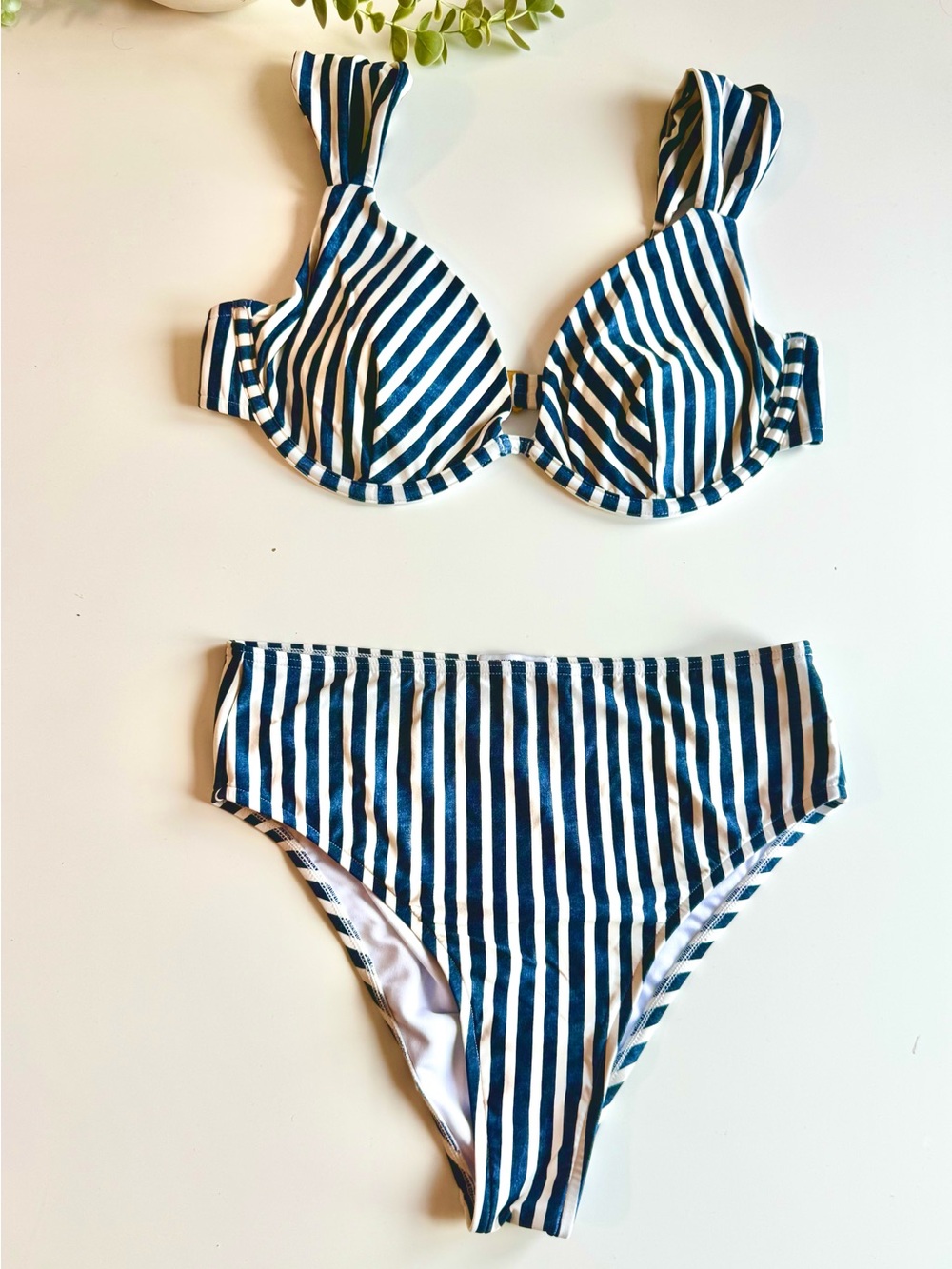 We Wore What Striped Bikini Set XL Top M Bottom Navy White Swimwear